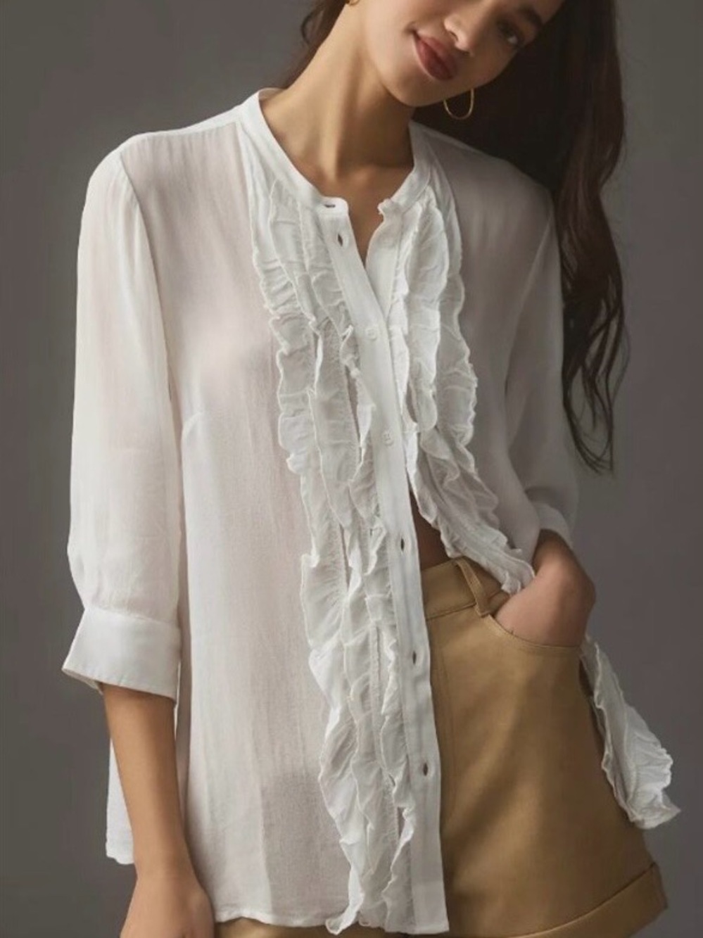 Anthropologie Maeve White Ruffle Blouse Mandarin Collar - Picture 4 of 8